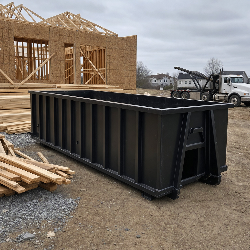 Matte-black 40-yard roll-off dumpster staged on a framed-out residential construction site in Whittier, framing lumber stacked nearby, hooklift delivery truck visible in the background under bright Colorado daylight