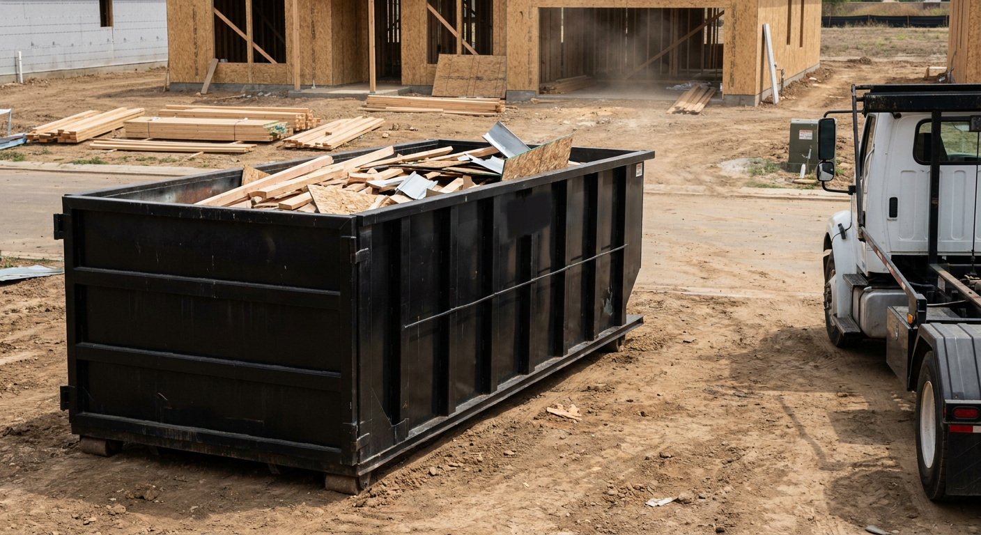 Matte-black 20-yard roll-off construction dumpster with heavy ribbed steel sidewalls and swing rear doors at a working jobsite in Whittier, sitting directly on compacted dirt with an unmarked white hauler partially visible at the far edge of the frame.