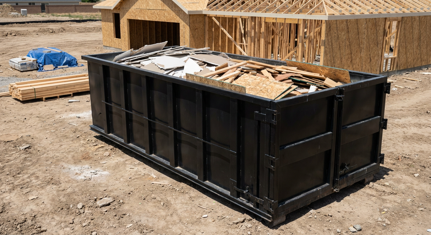 Matte-black 30-yard roll-off construction dumpster sitting directly on the compacted-dirt site of a framed single-family home build in Whittier, drywall and lumber scrap loaded inside.