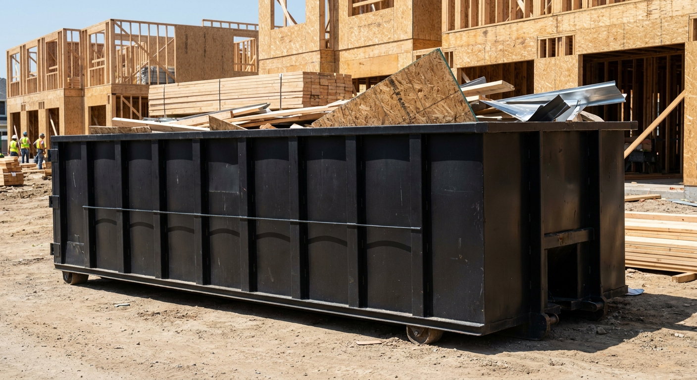 Matte-black 40-yard roll-off construction dumpster being lowered from a white-cab hooklift delivery truck onto the compacted-dirt jobsite at a commercial build site in Whittier