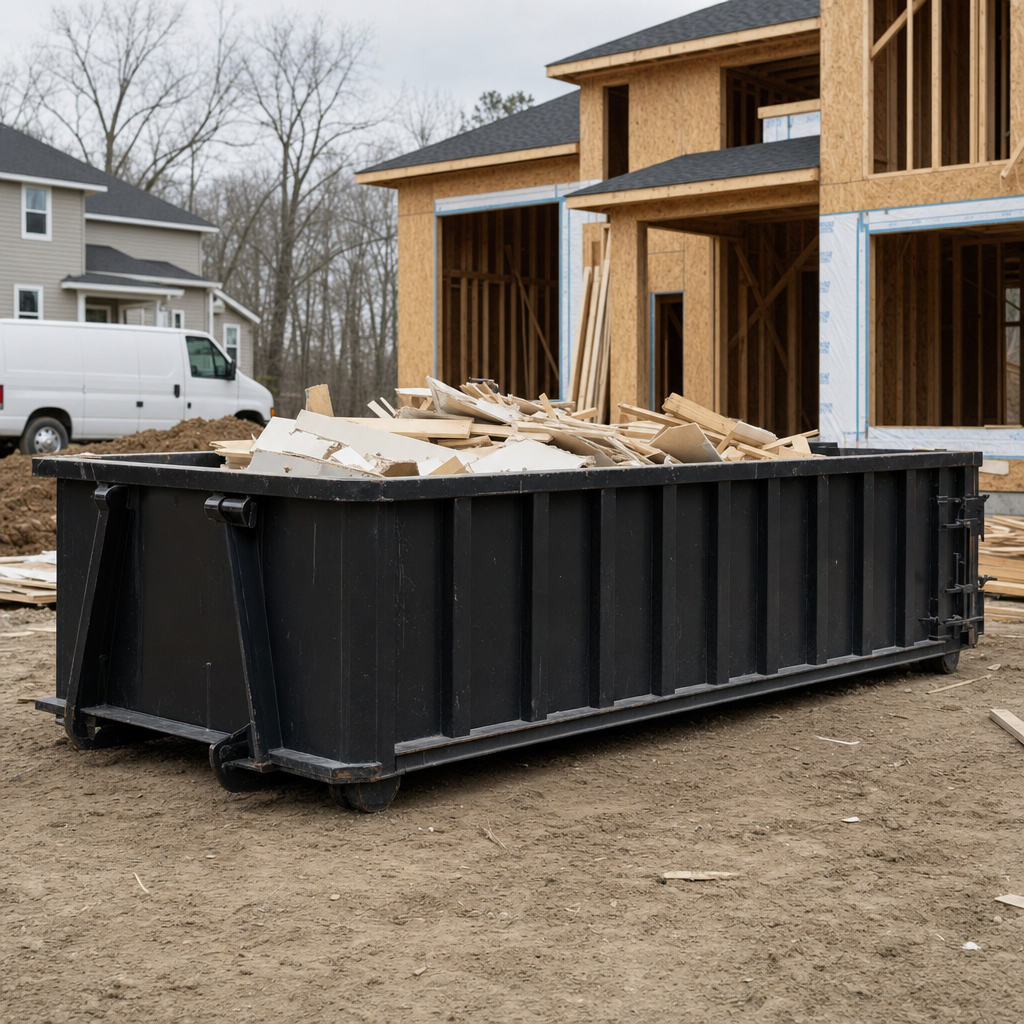Worker in a yellow high-visibility vest tossing framing lumber and broken drywall into a matte-black 30-yard construction roll-off dumpster on an active build site in Whittier, bright daylight