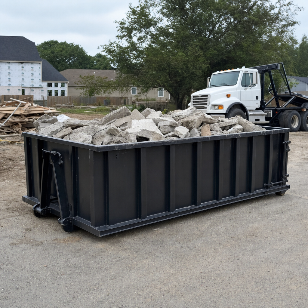 Low-profile matte-black lowboy roll-off dumpster loaded with broken concrete slab and rebar at a foundation tear-out in Whittier, skid steer parked beside it, sunny Colorado morning