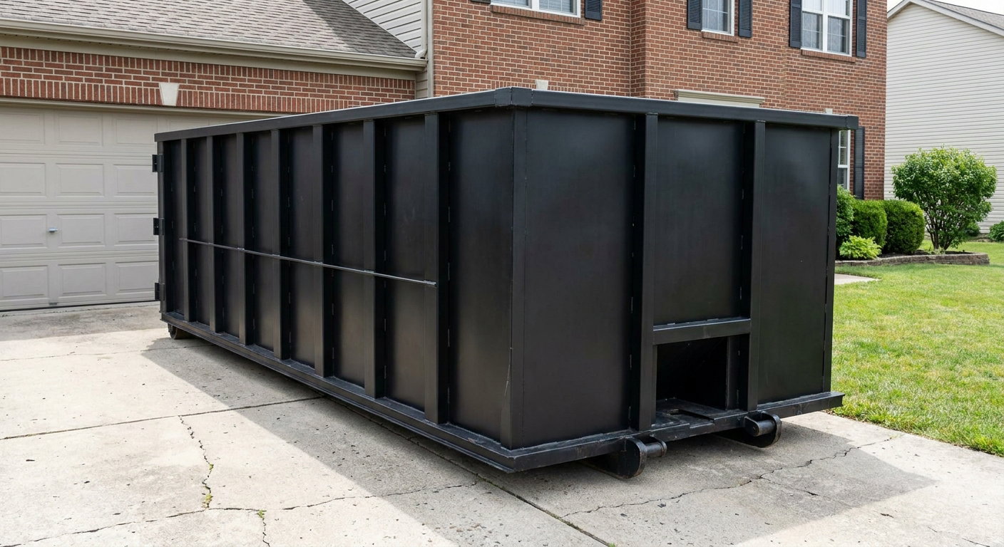 Matte-black 20-yard roll-off container on a Whittier residential concrete driveway with reinforced ribbed steel sidewalls and a hinged rear walk-in door, clean bright daylight.