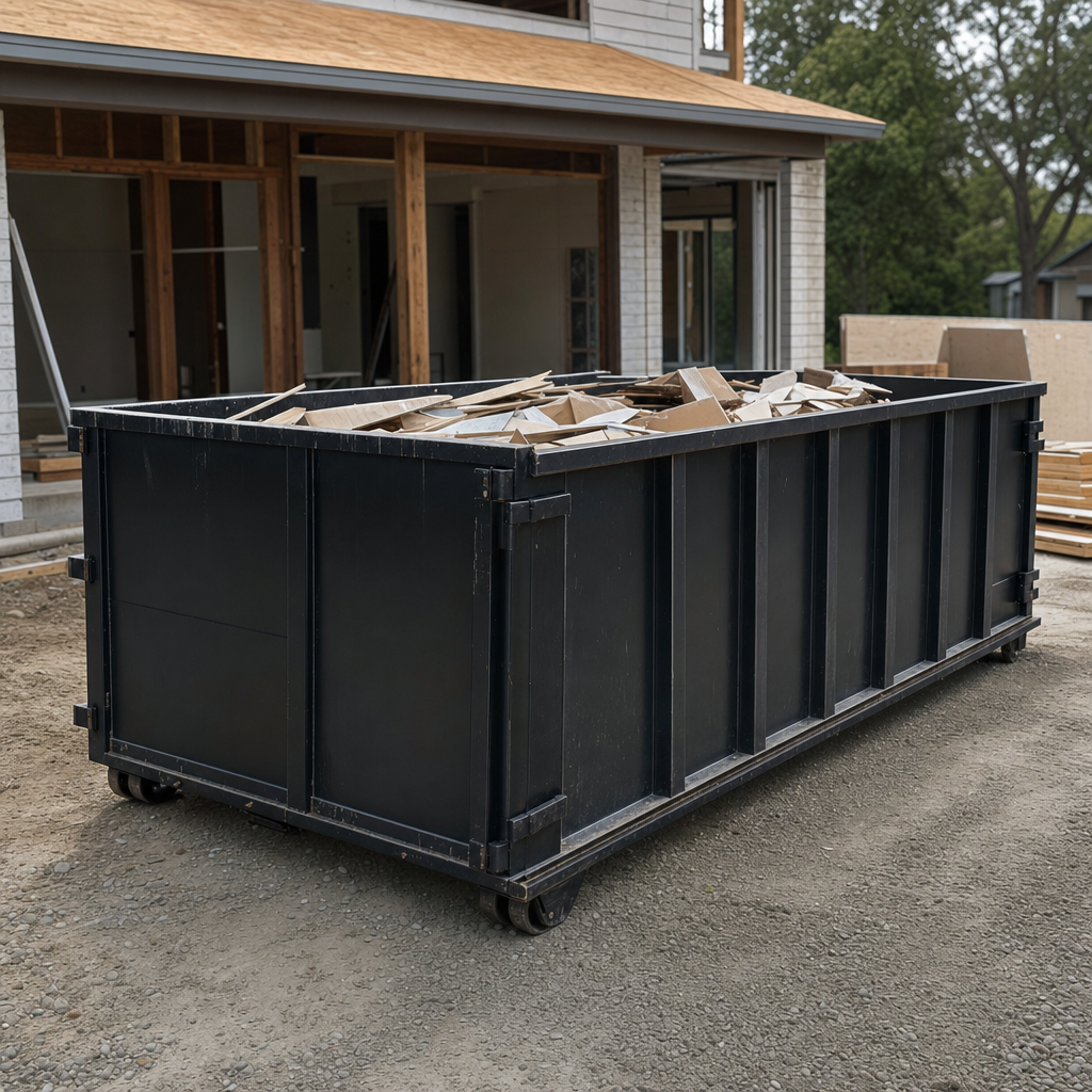 Large matte-black 30-yard construction roll-off dumpster at an active Whittier jobsite, steel-gray top rails and bottom rollers visible, loaded with construction debris.