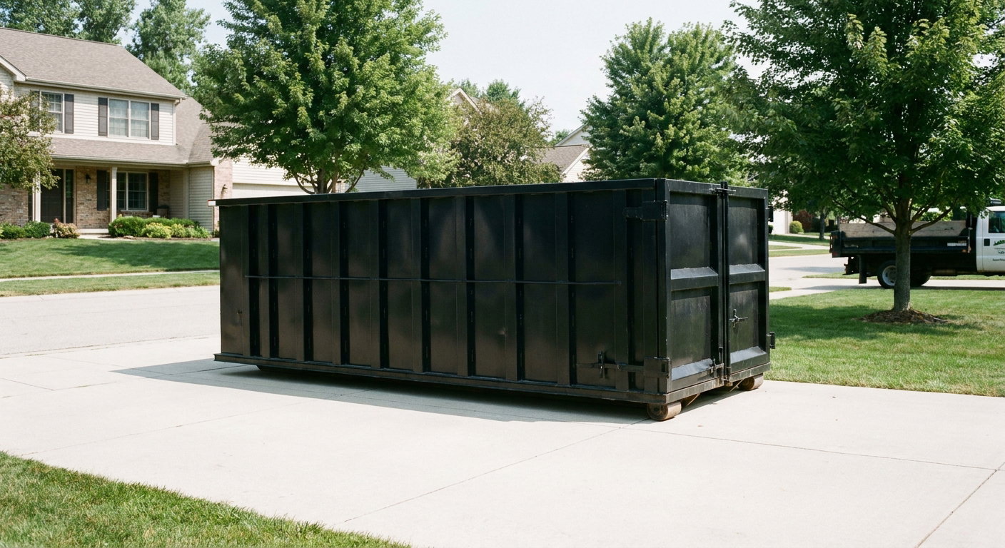 Matte-black 20-yard roll-off dumpster sitting level on a clean Whittier residential concrete driveway under bright daylight, demonstrating clean placement directly on the concrete.