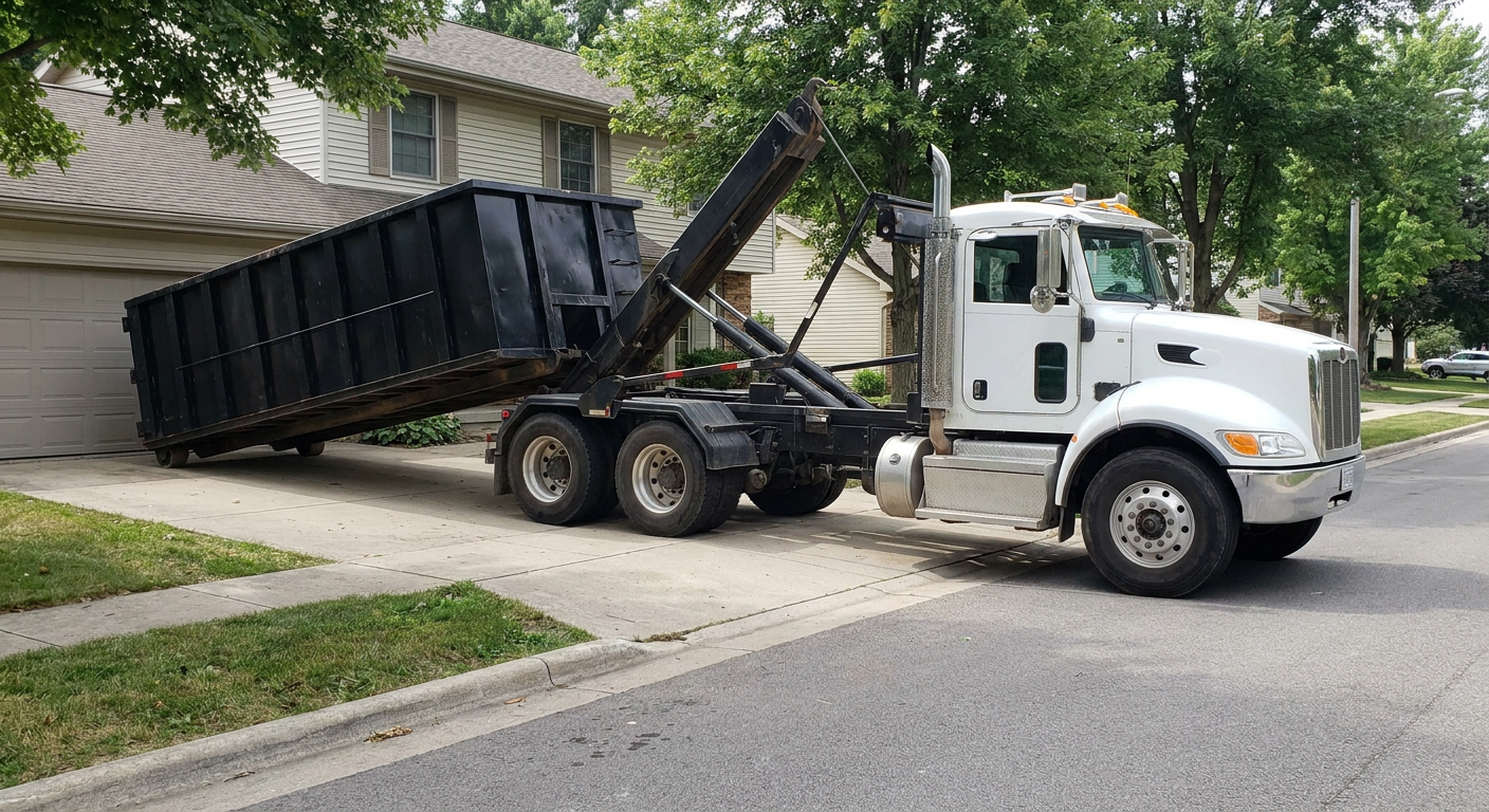 White-cab hooklift roll-off truck actively lowering a matte-black dumpster onto a Whittier residential concrete driveway, the dumpster's rear wheels touching the driveway as the hoist arm tilts the bed forward, mid-morning daylight.