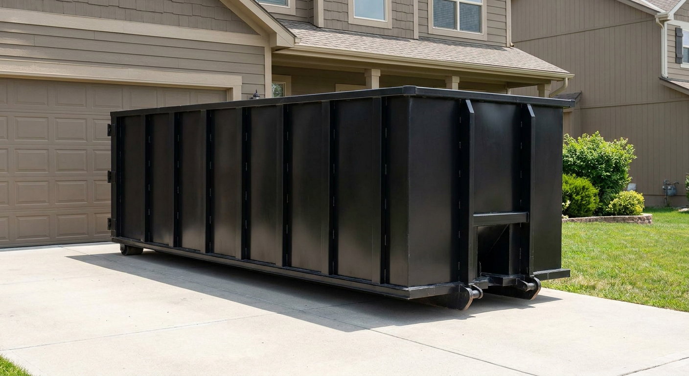 Matte-black residential roll-off dumpster sitting directly on a suburban Whittier concrete driveway, garage door closed, single-family home in background, bright morning daylight.