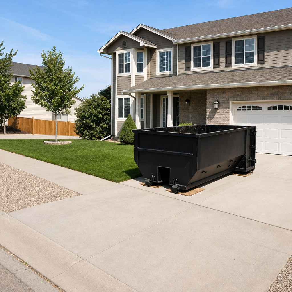 10-yard matte-black residential dumpster placed directly on a narrow Whittier concrete driveway, room remains for a parked sedan beside it, mid-morning natural light