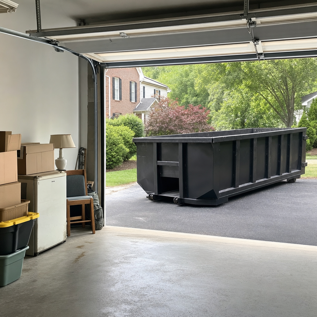 Open garage interior in a Whittier home mid-cleanout — boxed items, an old appliance, and stacked yard tools queued near the driveway for a matte-black roll-off dumpster, organized and calm