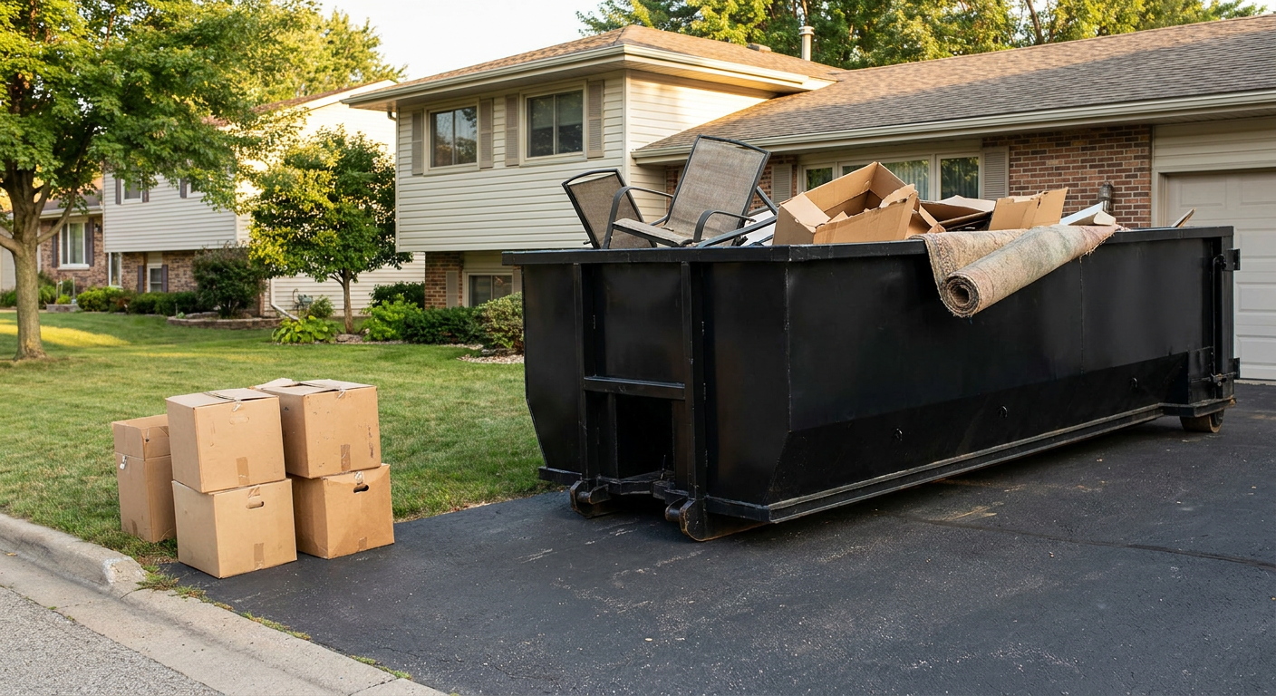 Front-yard view of a Whittier split-level home with a 20-yard matte-black roll-off dumpster sitting directly on the asphalt driveway, a few clearly labeled donation boxes staged at the curb, calm sunny afternoon.