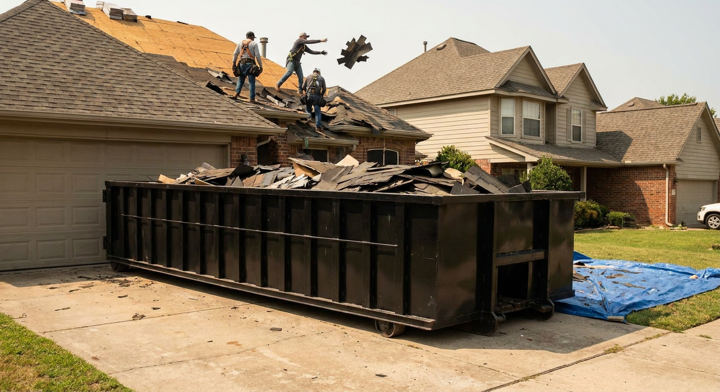 Matte-black roofing roll-off dumpster placed directly on a Whittier residential concrete driveway, a tear-off crew on a two-story asphalt-shingle roof tossing shingle bundles into the low-walled container, bright daylight, documentary 35mm perspective.