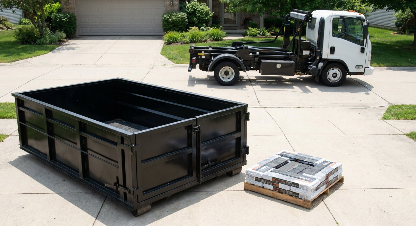 Matte-black 15-yard roofing roll-off dumpster with reinforced low side walls sitting directly on a Whittier residential concrete driveway, three-tab asphalt shingle bundles stacked nearby, an unmarked white hauler truck partially visible at the edge of the frame.