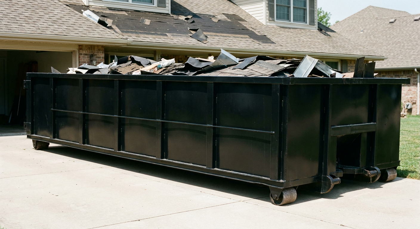 Matte-black 20-yard roofing roll-off dumpster with steel ribbed sides and swinging rear door, sitting directly on the concrete driveway of a two-story Whittier home, asphalt shingle debris being loaded over the low wall, clean documentary lighting.