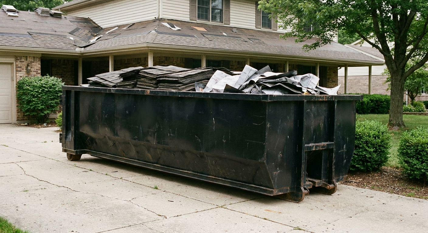Matte-black 30-yard roofing roll-off dumpster sitting directly on a Whittier concrete driveway, taller ribbed steel side panels, mixed tear-off debris of asphalt shingles and underlayment inside, professional documentary daylight.