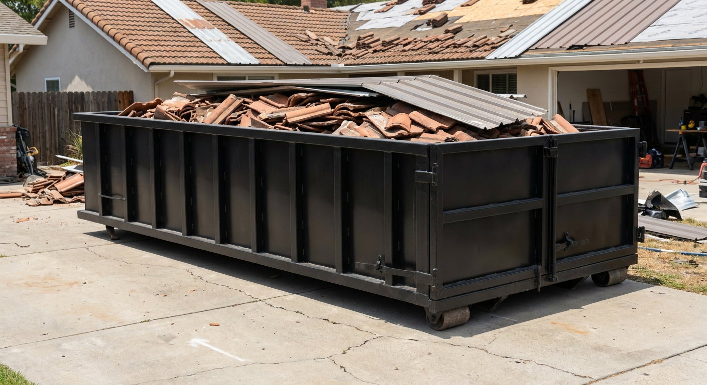 Matte-black low-wall heavy-debris roofing roll-off dumpster sitting directly on a Whittier concrete driveway, broken concrete clay roof tiles and metal panel sections loaded inside, reinforced ribbed steel side walls visible, bright outdoor daylight.