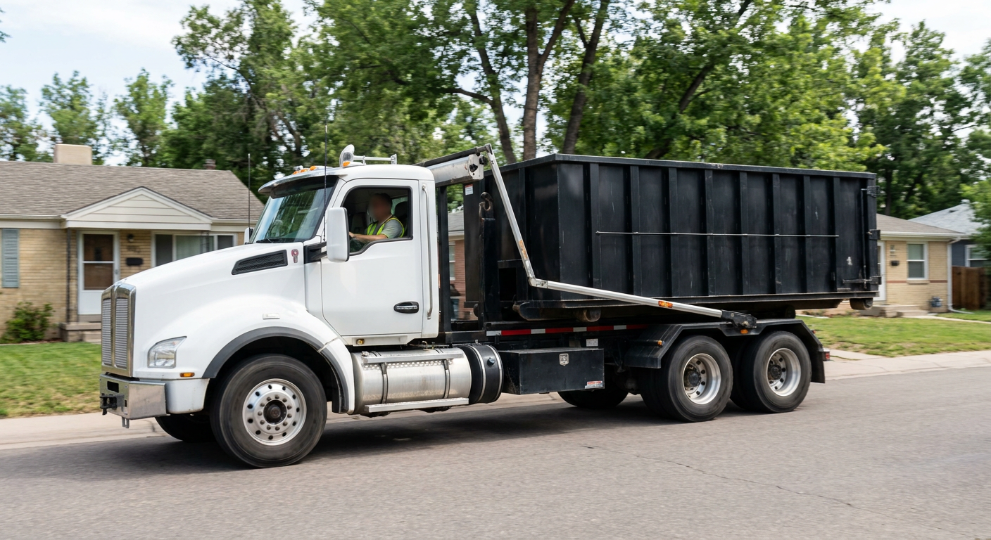 A wide documentary shot of a matte-black roll-off delivery truck pulling onto a quiet Whittier residential street at mid-morning, with neighborhood rooftops and tree-lined blocks visible behind, showing the metro coverage footprint.
