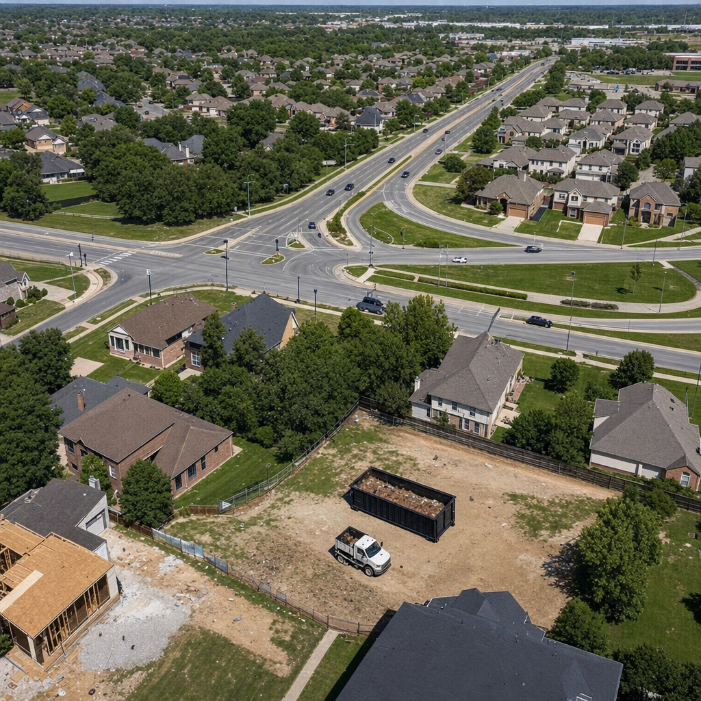 An overhead documentary view of the Whittier metro area at midday, showing the spread of neighborhoods, arterial roads, and the dispatch radius from a central yard — clean daylight, organized geographic layout.