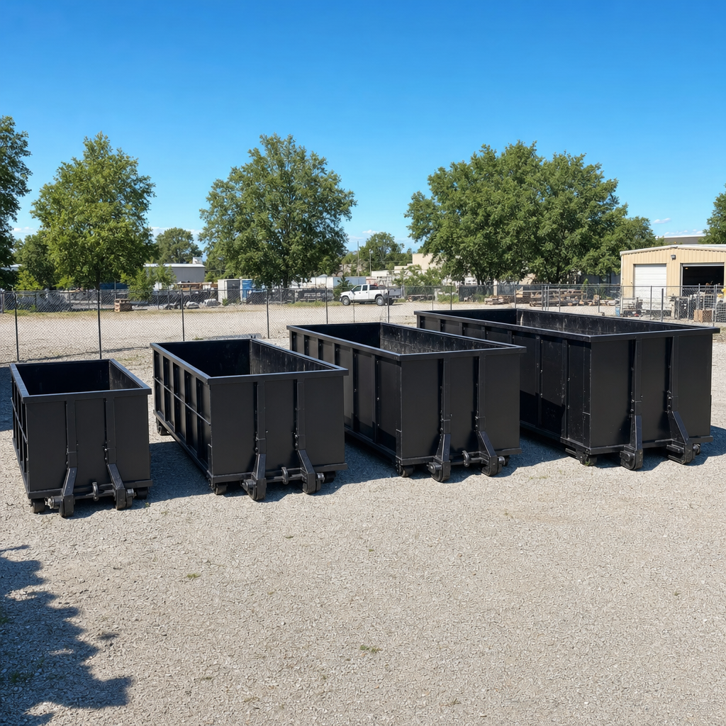 A clean lineup of matte-black roll-off dumpsters in 10, 20, 30, and 40-yard sizes staged on a sunlit gravel yard in Whittier, showing the size progression from compact to commercial-scale containers.