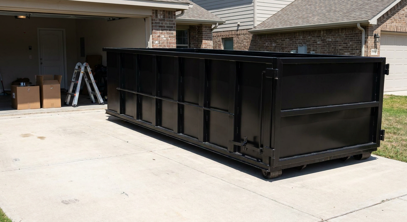 A matte-black 10-yard roll-off dumpster sitting directly on a residential Whittier concrete driveway, mid-day sunlight, clean and ready for a garage cleanout.