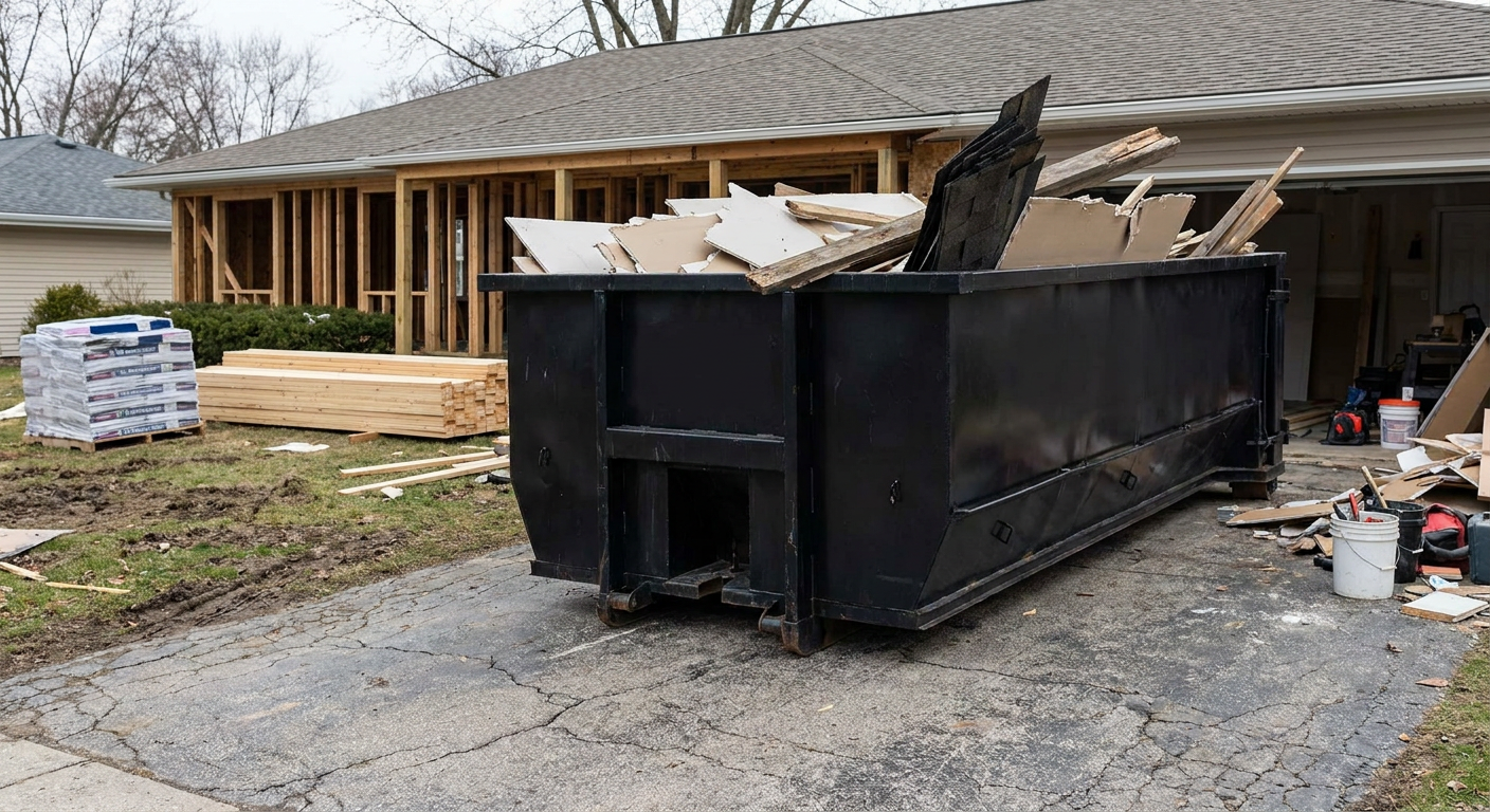 A matte-black 20-yard roll-off dumpster placed alongside a mid-renovation Whittier home directly on the asphalt driveway, with framing materials and torn-off shingles staged neatly nearby.