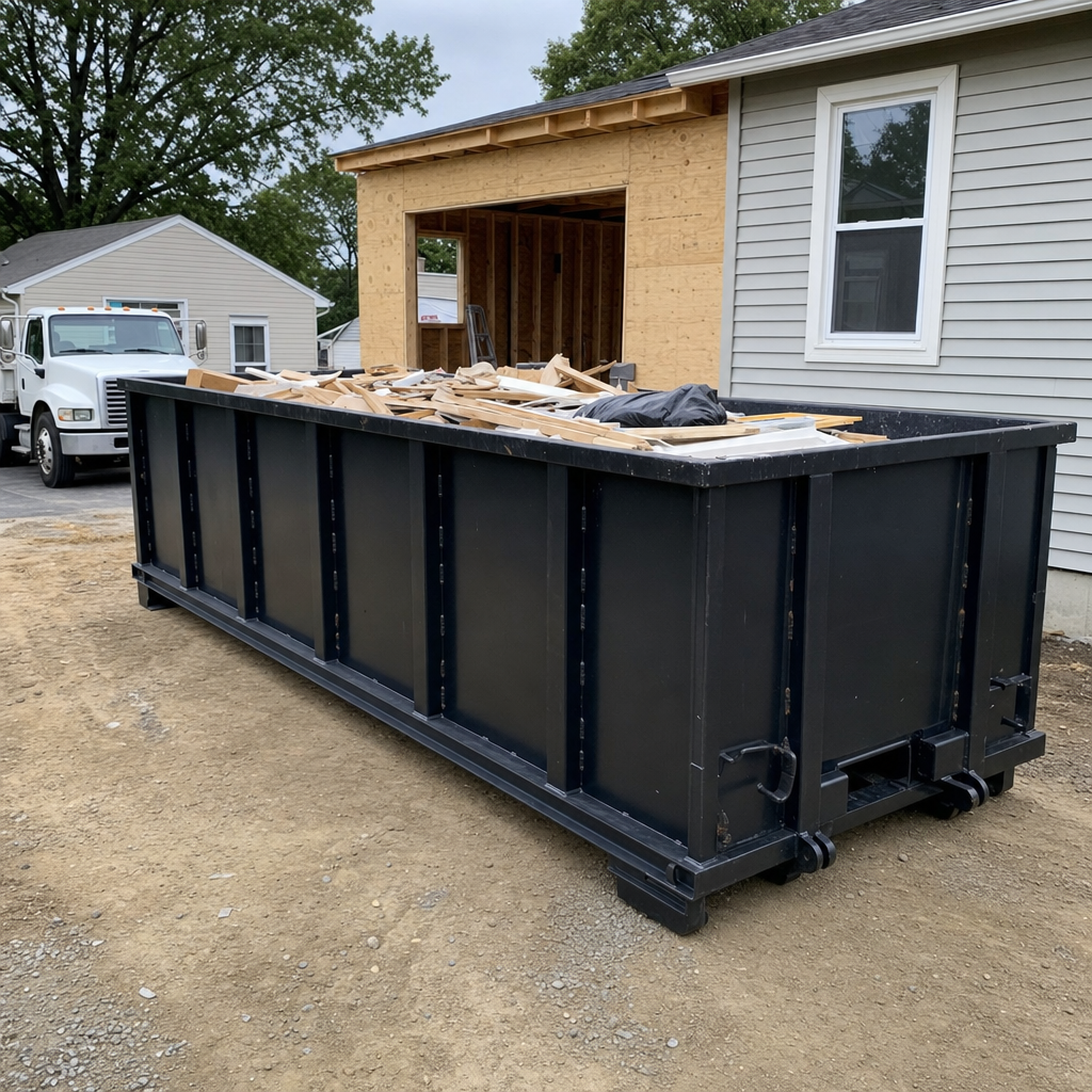 A matte-black 30-yard roll-off dumpster positioned at a Whittier residential addition jobsite, with framing lumber and drywall scraps loaded through the open swinging rear doors.