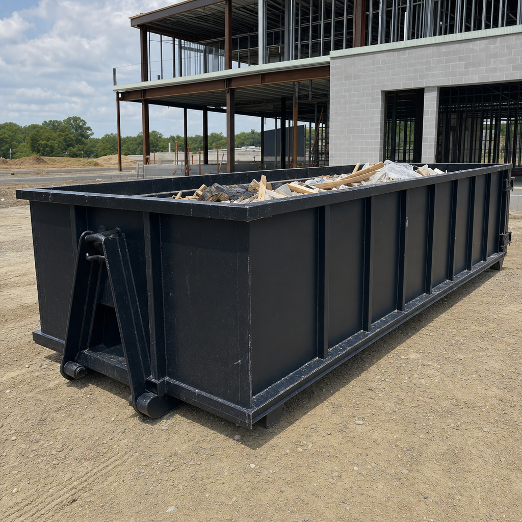 A matte-black 40-yard roll-off dumpster staged on a large Whittier commercial construction lot, with a hooklift delivery truck parked alongside under bright midday sky.