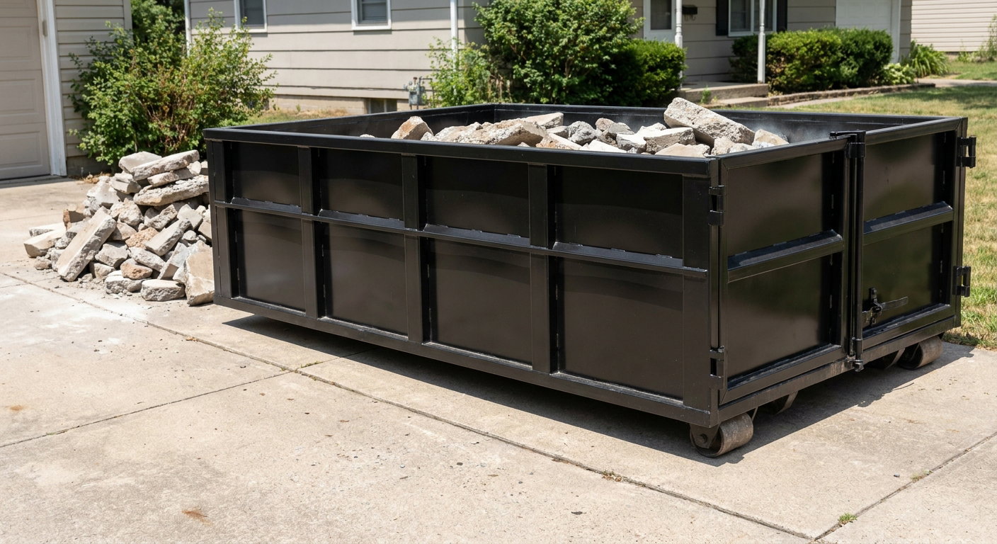 A matte-black low-side heavy-debris roll-off dumpster placed directly on a Whittier concrete driveway, with broken concrete chunks neatly stacked beside it under clean daylight.